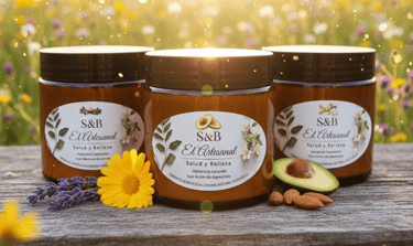 Three jars of S&B El Artesanal organic body cream with lavender, avocado, and almonds in a flower field.
