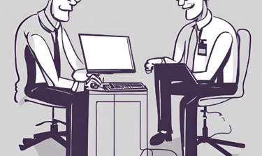 two men sitting at a desk with a laptop