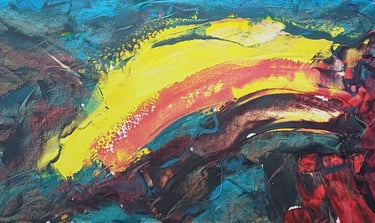 Crust — luminous yellow-red form sweeping through dark teal ground, acrylic, by Zanda