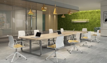 Modern conference room with white swivel chairs featuring yellow cushions, long wooden meeting table