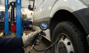 A mechanic checking tyre pressure on a commercial fleet van to improve fuel efficiency