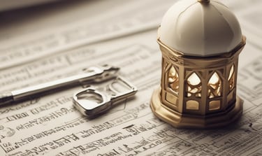 A hand holds a book with a decorative green cover displaying Arabic script and patterns. The book cover includes the title 'Al-Qur'an Wakaf' along with the branding of 'Madina'. There is a combination of ornate designs in white, gold, and green creating an intricate frame around the central text.
