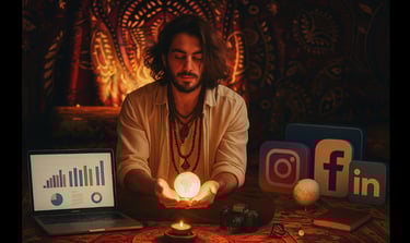 A man is sitting with alchemy crystal laptop and social media icons