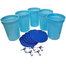 blue plastic buckets with lids and spiles for collecting sap