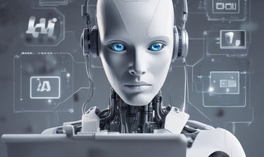 A stylized silhouette of a human head made up of circuit-like patterns on the left. Beside it, abstract geometric shapes resembling interconnected circuit components, suggesting technology and artificial intelligence themes.