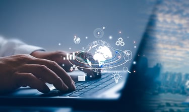 a person using a laptop computer with a globe in the background