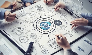 A professional team collaborating around a table with charts and laptops.