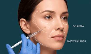 Mujer recibiendo una inyección facial de Sculptra bioestimulador para reafirmar la piel y estimular 