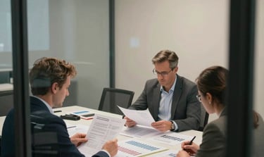 Wide environmental shot of a financial advisory meeting room viewed from outside through a glass partition, two professionals at a long table reviewing printed allocation charts spread across the surface, cool artificial tungsten lighting preserving document legibility, framing from corridor level showing the room in full session without posing, materials and annotations clearly visible on the table