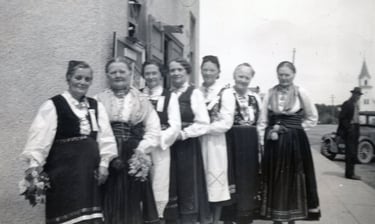 7 women posing in telemark bunad, black and white