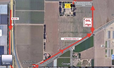 a map of a road with a red arrow pointing to the right