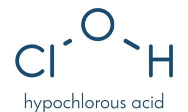 Chemical structure diagram of a hypochlorous acid (HOCl) molecule in blue text on a black background.