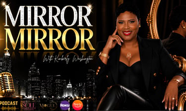 Mirror Mirror with Kimberly Washington featuring a city skyline and gold microphone.