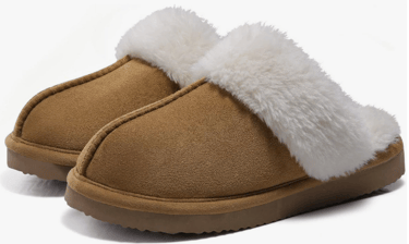 Brown suede slippers with white faux fur lining.