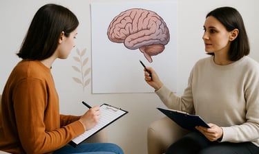 Psicóloga aplicando teste de atenção durante avaliação neuropsicológica