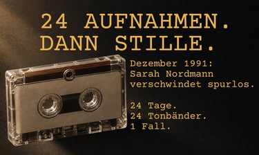 Vintage cassette tape on a dark background featuring German true crime podcast or book text.