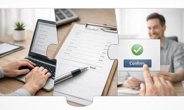 Puzzle collage of hands using a laptop, signing a document, and clicking a confirm button.