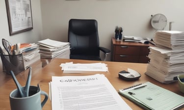 Modern office workspace with documents and a laptop showing property management data.