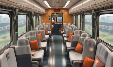 A blue coach bus with travel agency branding is crossing a narrow stone bridge surrounded by lush greenery. In the distance, a few people can be seen walking on a country road.