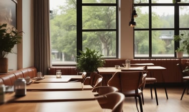 Cozy cafe storefront with warm lighting and inviting outdoor seating.
