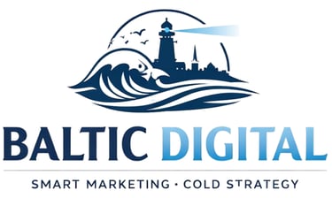 Logotipo de Baltic Digital con un faro y olas del océano para una estrategia de marketing inteligent