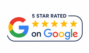 Official 5 star rated on Google badge featuring the Google logo and five gold stars for business reviews.