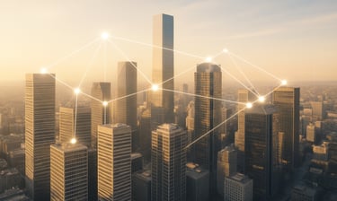 Bright cityscape with clear, glowing network lines showing connected digital ecosystems.