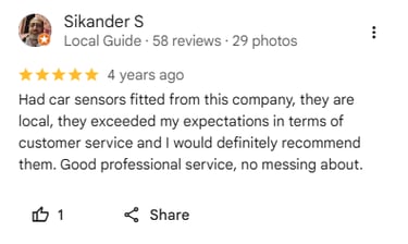 Customer review praising Starmo Auto Electrics for excellent service and car sensors fitting