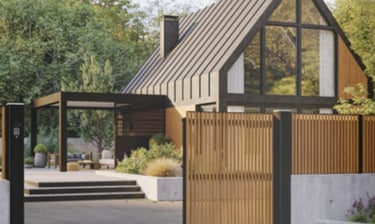vue d'ensemble d'une entrée de portail moderne en bois et acier avec une maison moderne