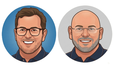 Illustrated cartoon avatars of two professional men wearing glasses and smiling in circular frames.