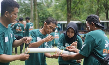 Peserta kegiatan outbound capacity  building berpartisipasi dalam permainan kerja sama tim