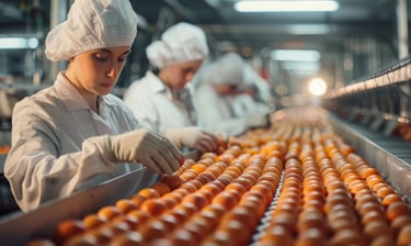 Quality control workers sorting brown eggs on a high-speed conveyor belt in a commercial egg production facility.