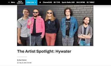 A website screen shot featuring members of Hywater standing in front of a brick wall