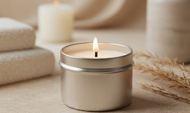 a candle with a candle in a tin canister