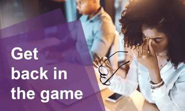 woman with migraine at work, text 'get back in the game'