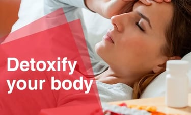 woman with headache in bed, text 'detoxify your body'