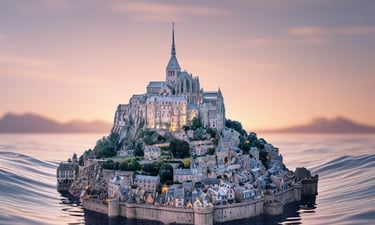 a small island mont saint michel in france with a castle on top of it