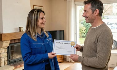 Femme ramoneur remettant le certificat de ramonage 50€ au client à Nantes Loire-Atlantique