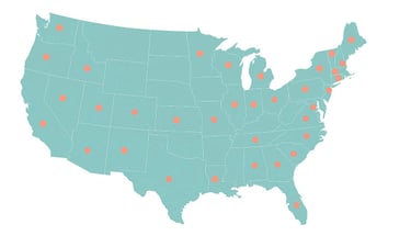 Map of the United States highlighting Payvand Consulting’s key service areas in states including California, Texas, New York,