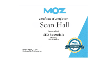 Certificate of completion for MOZ's SEO Essentials