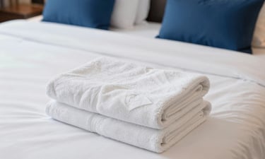 Immaculate hotel suite bedroom with crisp white linens, perfectly folded towels, warm natural light