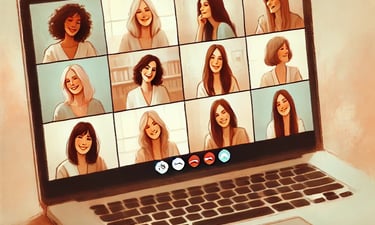 a group of women connect over a video conference indicating group coaching