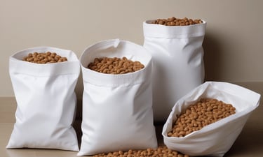 three bags of dog food sitting on a table