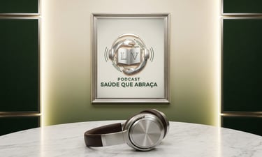 Um par de fones de ouvido e um porta-retratos com uma foto do podcast saúde que abraça