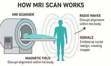 Illustration showing how an MRI scan works with labeled components and magnetic field effects.