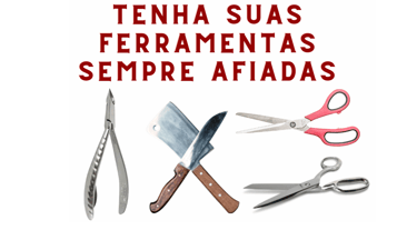 um cartaz com um alicate um cutelo uma faca e duas tesoura, iten que o joel faz afiação