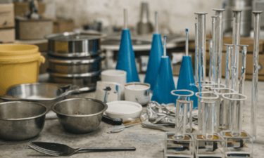 Instrumental auxiliar y recipientes para ensayos en laboratorio de construcción.
