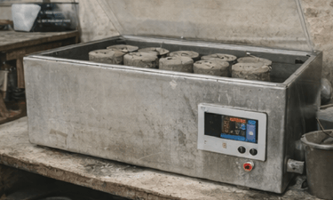 Cámara de curado para probetas de hormigón con control de temperatura.