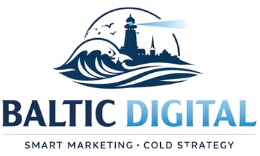 Logotipo de Baltic Digital con un faro y olas del océano para una estrategia de marketing inteligent