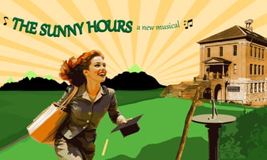 Vintage-style poster featuring a happy graduate crossing a lawn near a College building.